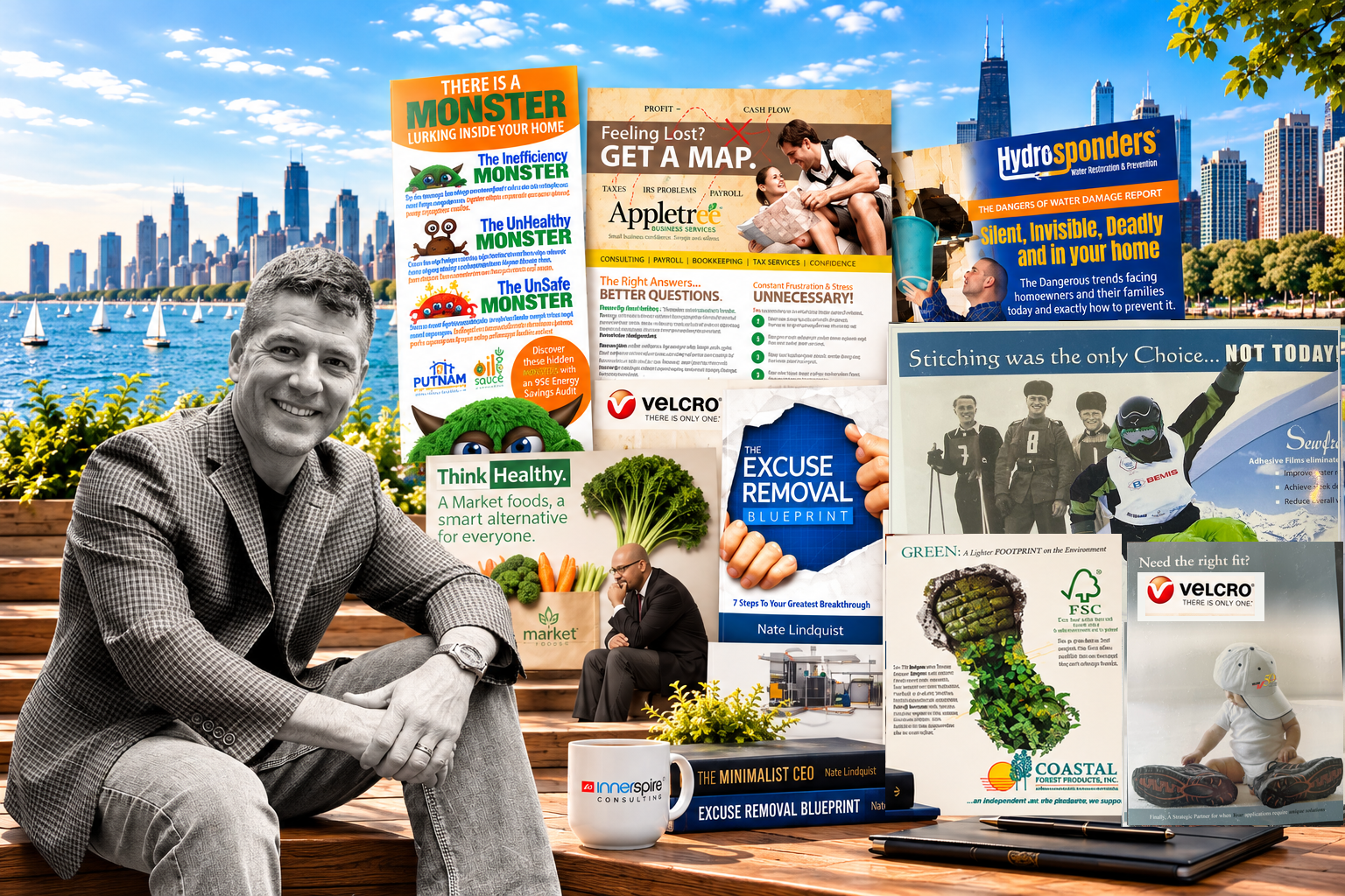 Nate Lindquist seated on a wooden deck with the Chicago skyline and sailboats behind him, surrounded by his original client campaign artwork, the Excuse Removal Blueprint book and an Innerspire mug