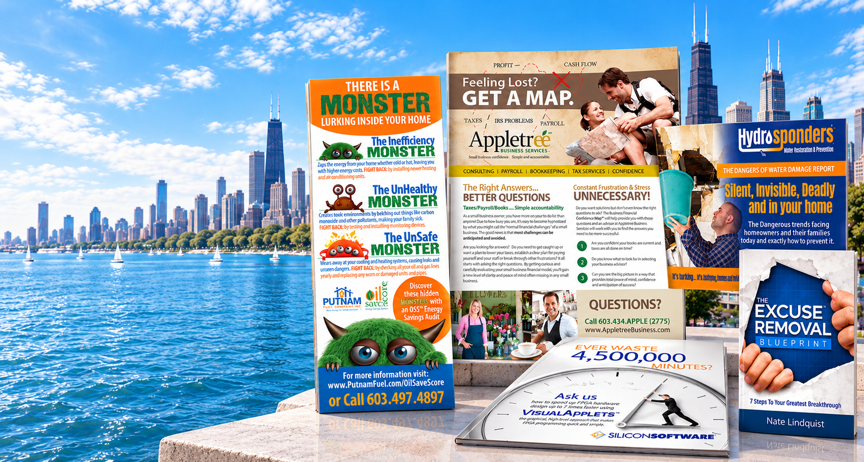 Nate's original Putnam Fuel Energy Monsters, AppleTree Get a Map, Hydrosponders, SiliconSoftware and Excuse Removal Blueprint work against the Chicago skyline